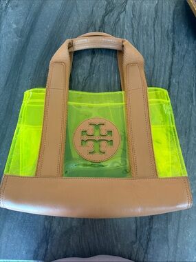 Tory Burch Neon Yellow Clear Tote with Tan Trim